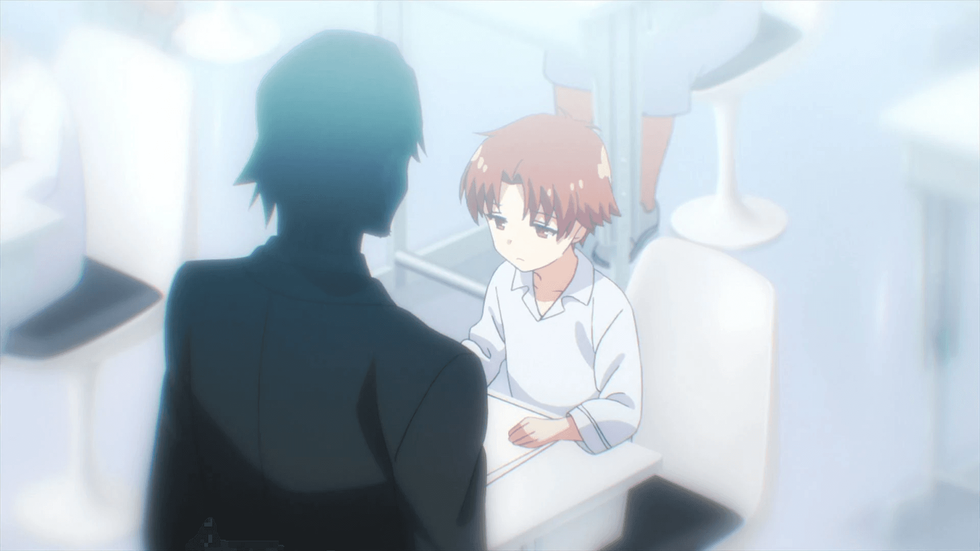 A child seated in a bare white room, facing an adult in silhouette